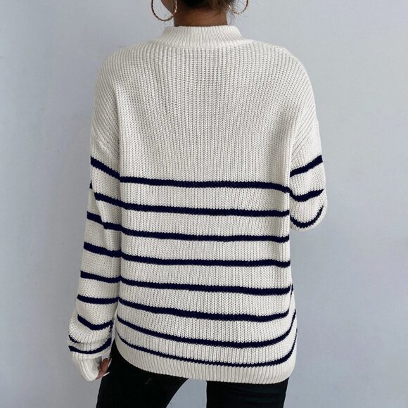 White Casual Womens Striped Drop Shoulder Zipper Front Sweater - Picture 3 of 5